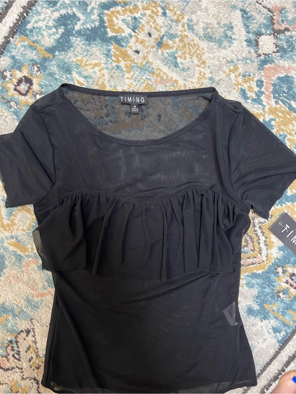 BNWT TIMING Black Short Sleeve Ruffle Mesh bodysuit